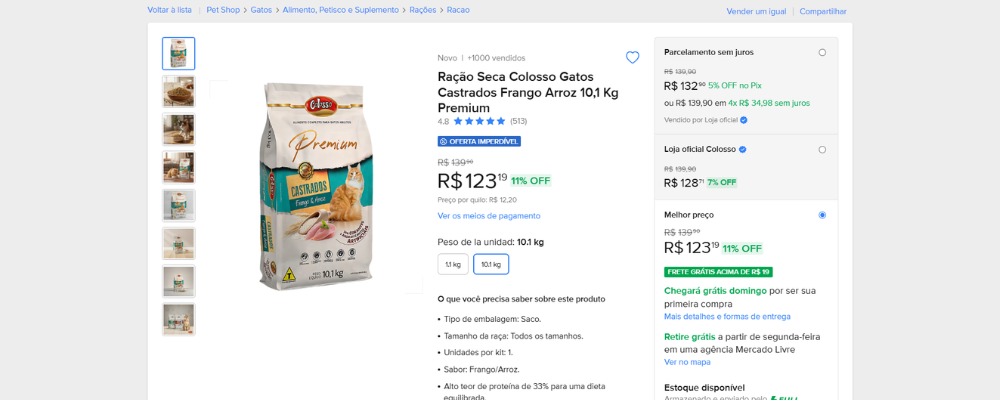 tela de produto mercado livre